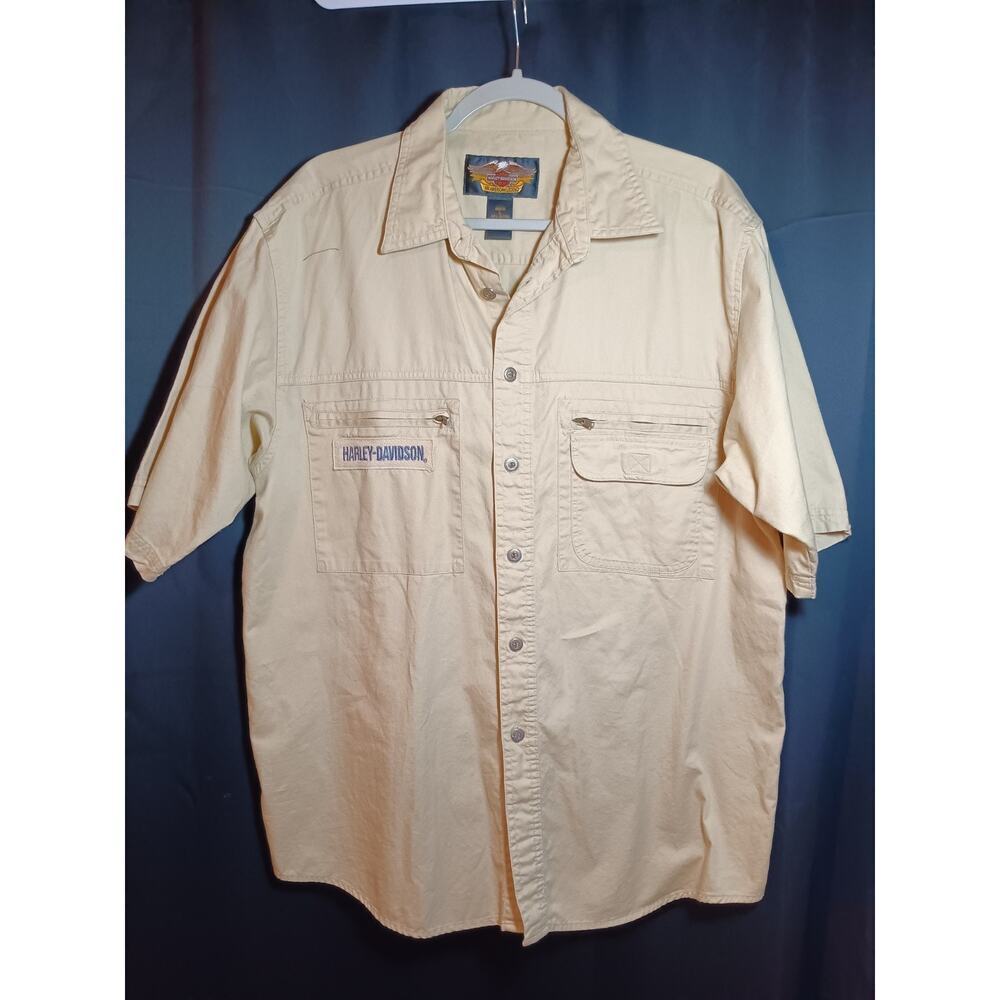 Harley Davidson Shirt Men's Large Button Up Short Sleeve Khaki Tan Zip Pocket